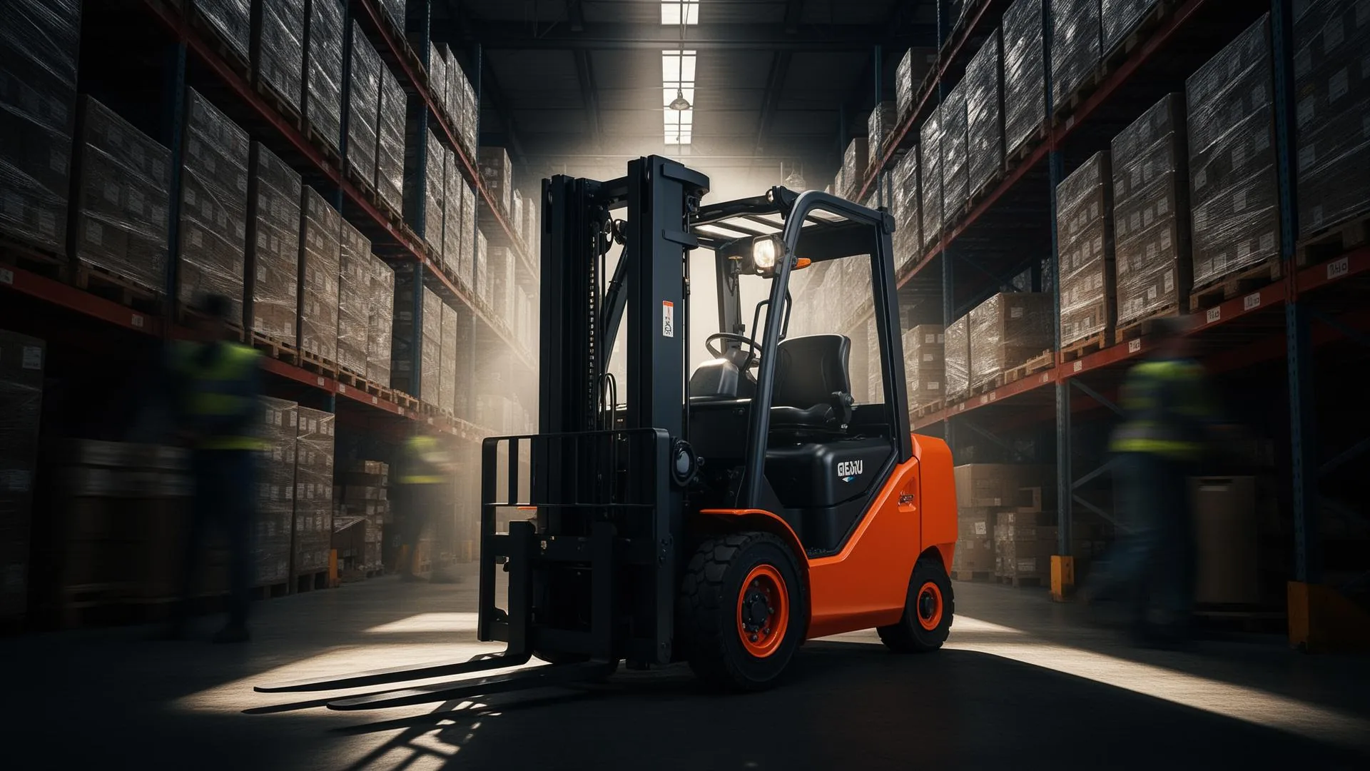 Pallet truck, stacker and counterbalance forklift in a warehouse