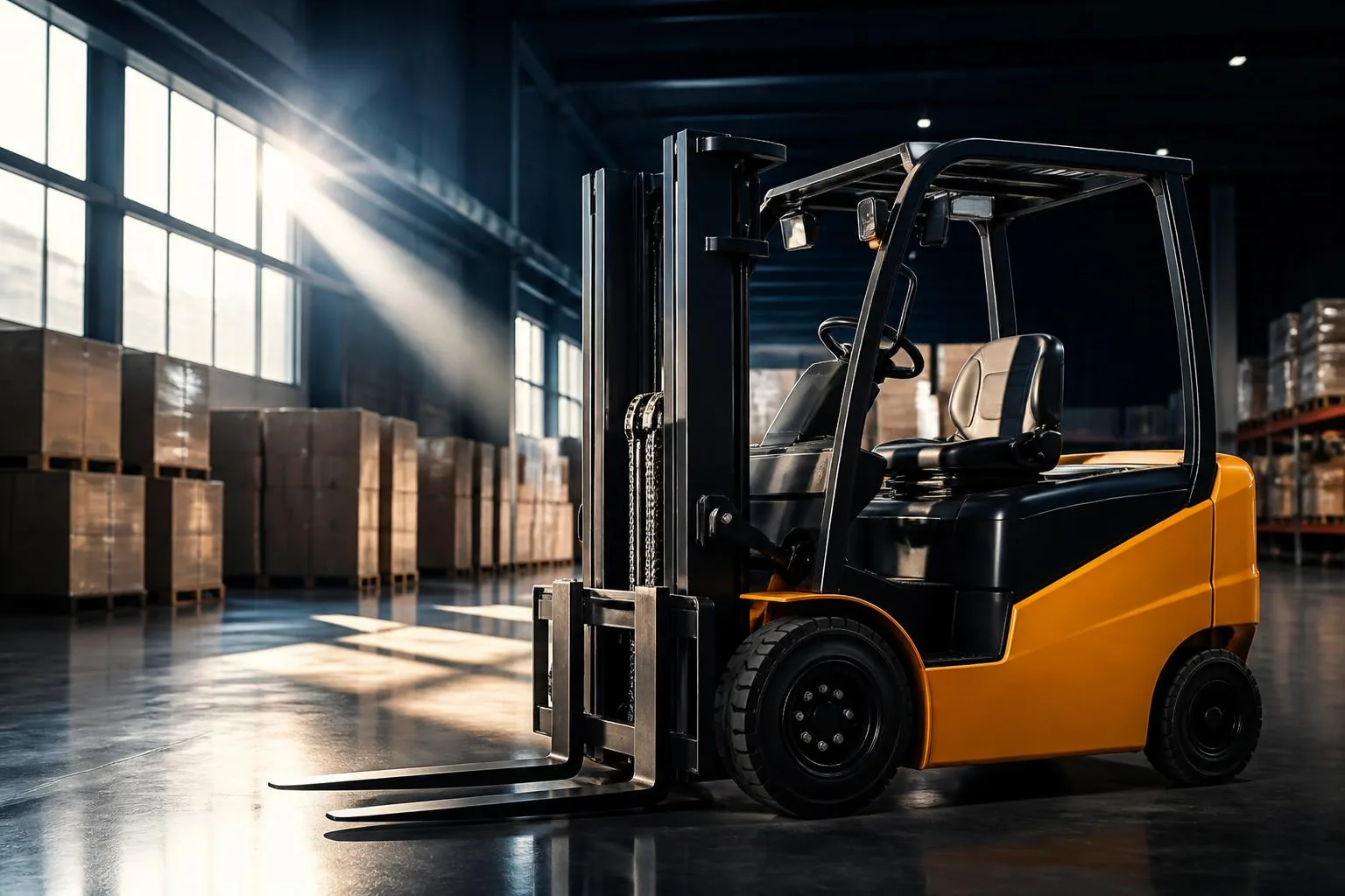 New and used forklifts lined up in a warehouse